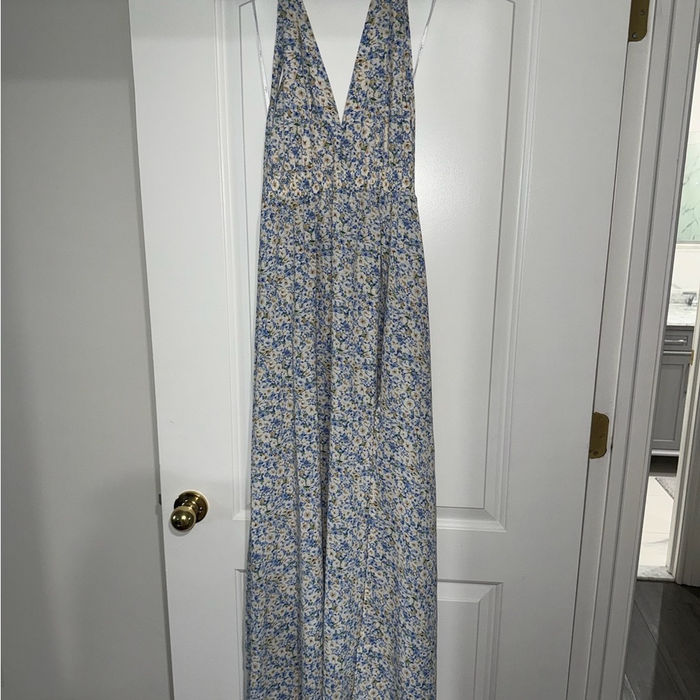 Lulu's Blue and White Plunge Maxi Sundress